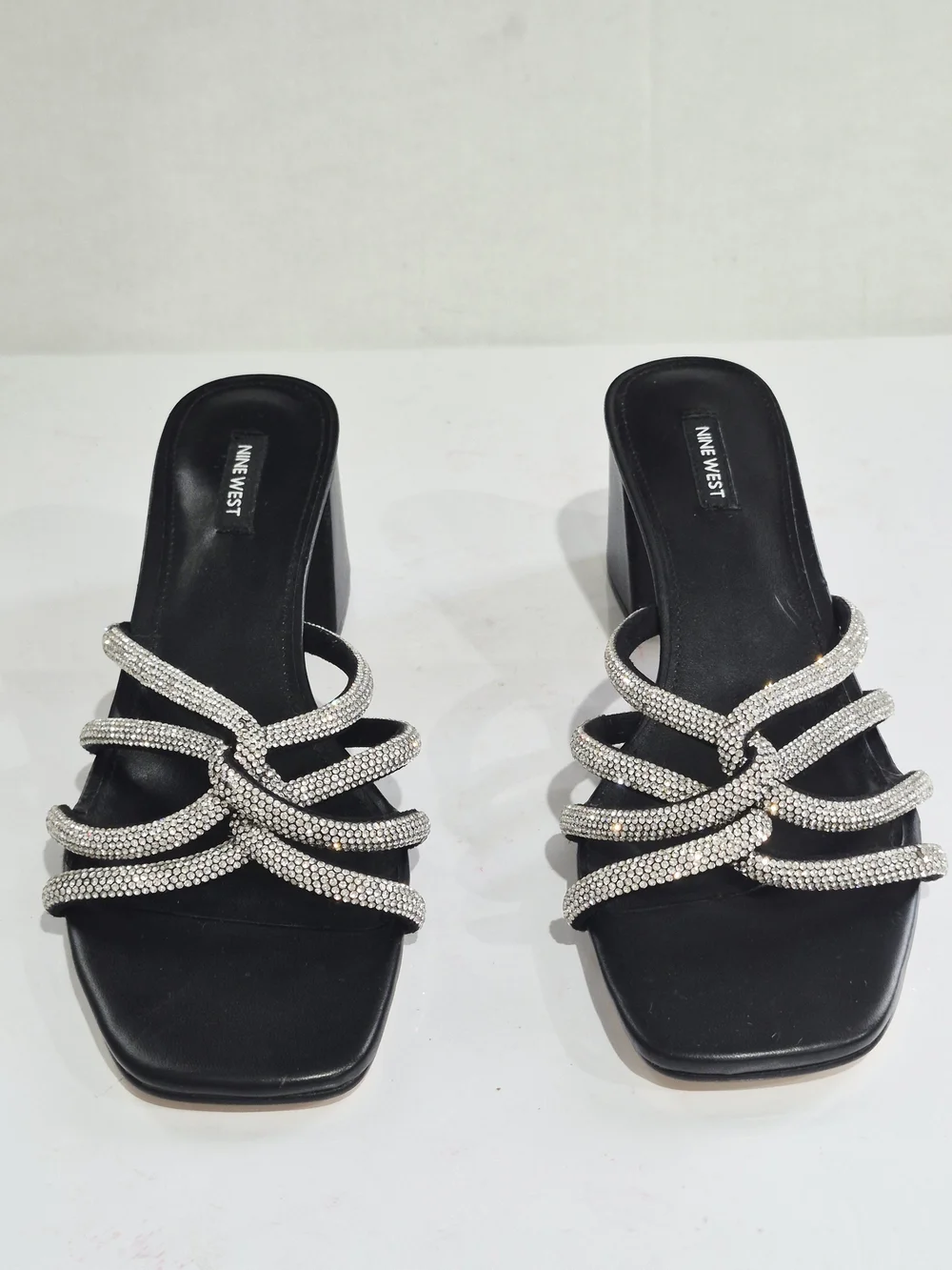 Nine West Black Heeled Slide Sandals with Silver Crystal Straps Size 12